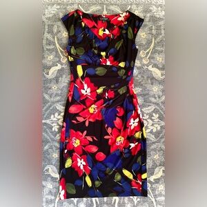 Lauren Ralph Lauren Red Blue and Black Floral Midi ruched Sheath Dress